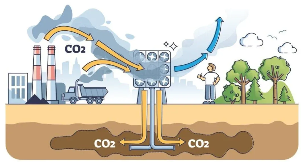 anında havadan CO2 yutan ve gömen Teknoloji sistemi anlatan grafik